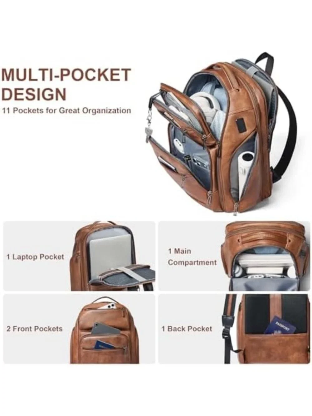 Expandable Vegan Leather Backpack, 40L Travel Bag for Laptops, USB Port, Brown